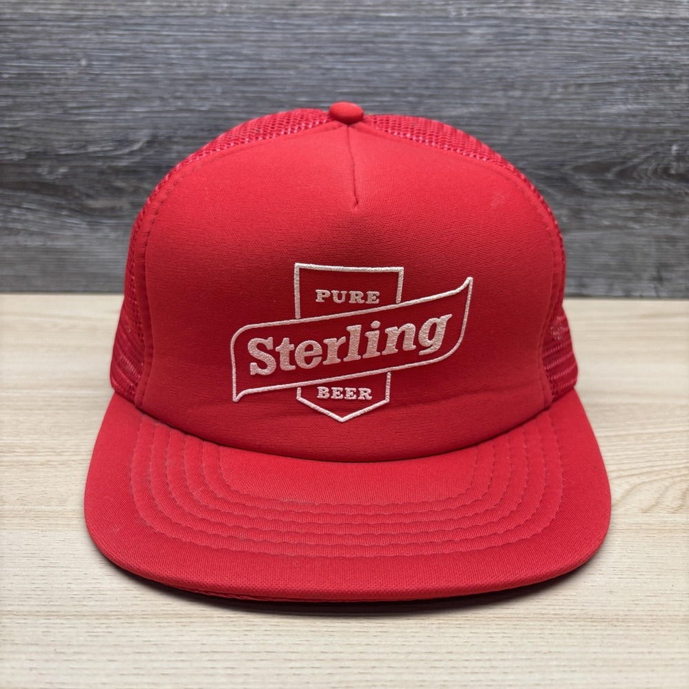 Vintage Sterling Beer Hat Cap Snap Back Red Mesh Trucker Advertising Mens 90s